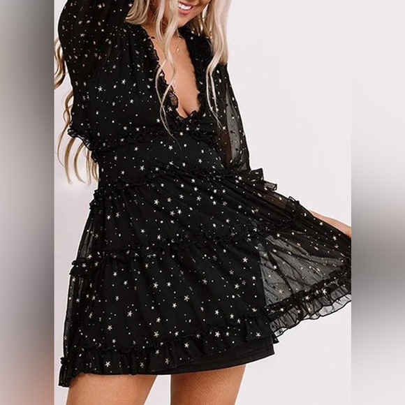 Glitter Stars V-Neck Backless Long Sleeve Ruffle Mini Dress - Witch’s Costume - Picture 12 of 16